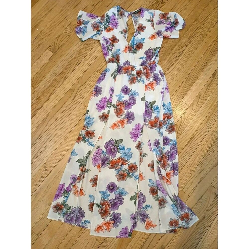 Crystal Sky Maxi Dress Two Front Slits Cutout Back Beachy Boho Juniors Size 5 - Picture 4 of 15